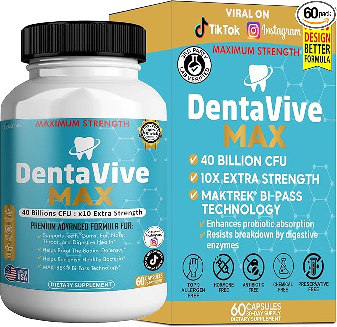 DentaVive Max Probiotic Supplement 40 Billion CFU 60 Capsules Premium Oral Health Support for Teeth Gums Digestive Health (1)