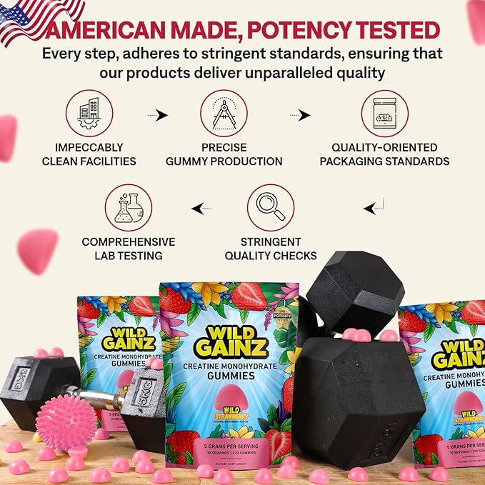 Creatine Monohydrate Gummies Sugar Free 5g - Made in USA - Pre Workout Creatine Chews for Women &amp Men Creatine Gummy Candy Chewable Nutritional Supplements NSF Certified (Strawberry 120 Count)