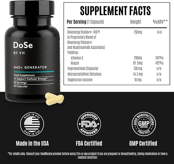 DoSe by VH NAD+ Generator – NAD Supplement with RiaGev-WS Vitamin B3 &amp Vitamin C – Supports NAD+ Levels Cellular Energy Metabolism &amp Healthy Ageing – Vegan Capsules (30 Capsules)