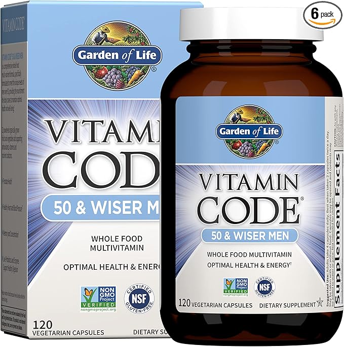Garden of Life Multivitamin for Men - Vitamin Code 50 &amp Wiser Men's Raw Whole Food Vitamin Supplement with Probiotics Vegetarian 120 Capsules (Pack of 6)