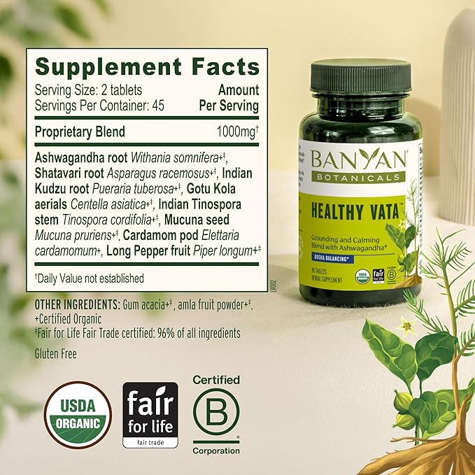 Banyan Botanicals Organic Healthy Vata –Grounding &amp Stability Supplement–with Ashwagandha Shatavari &amp Mucuna–Natural Support for Restful Sleep Dryness &amp Scattered Thoughts-90 Tablets-USD