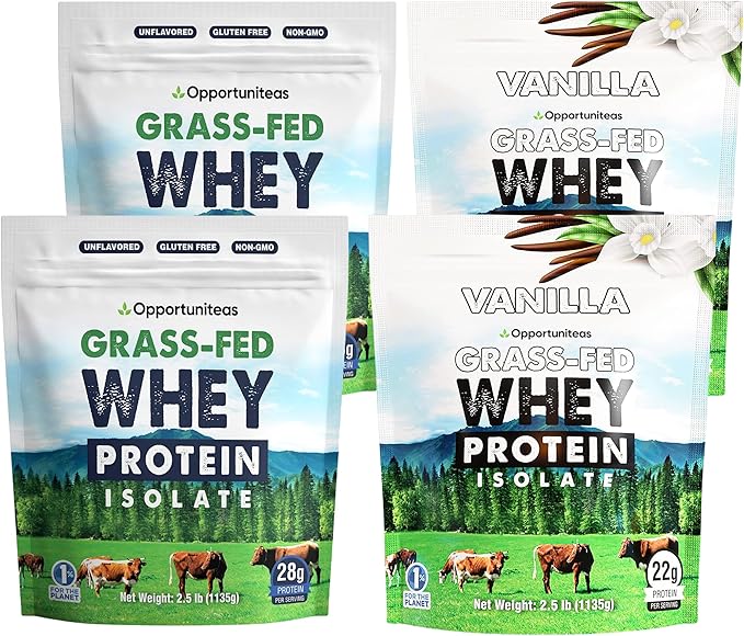 Opportuniteas Grass Fed Whey Protein Isolate Powder - 28g Unflavored &amp Vanilla Protein Protein Without Artificial Sweeteners Hormone-Free Happy Cows - Un-denatured Non GMO Keto &amp Paleo Diet