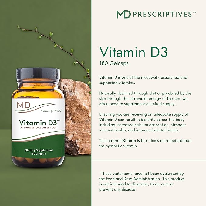 MD Prescriptives Vitamin D3 180 Gelcaps - Maximum Absorption for Strong Bones Muscle &amp Immune Support Non GMO Vegetarian Softgels 125 mcg (5000 IU)
