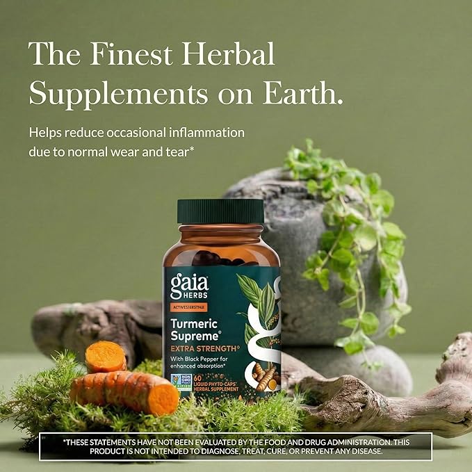 Gaia Herbs Turmeric Supreme Extra Strength - Supports Occasional Discomfort from Normal Wear &amp Tear* - with Turmeric Curcumin &amp Black Pepper - 60 Vegan Liquid Phyto-Caps (Up to 60 Servings)
