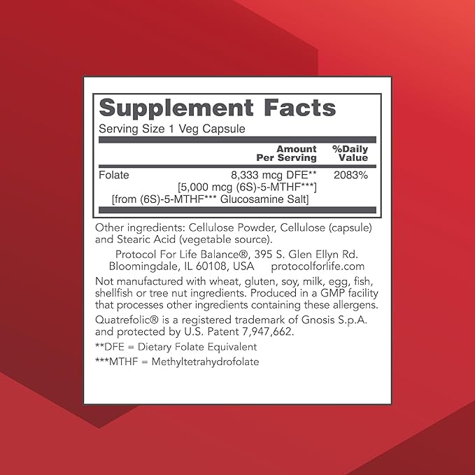 PROTOCOL FOR LIFE BALANCE 5-Methylfolate 5000mcg - Superior Methyl Folate Bioavailability - for Brain Support - Folate Supplement for Women &amp Men - Kosher &amp Vegan - 50 Veg Caps
