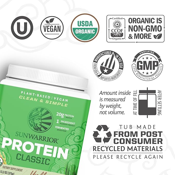 Sunwarrior Brown Rice Protein Powder with Bcaa &amp Amino Acids Raw Rice Protein Shake Gluten Free Low Carb Dairy Free | Plant Based Classic Sprouted Brown Rice Protein Powder Natural 375g