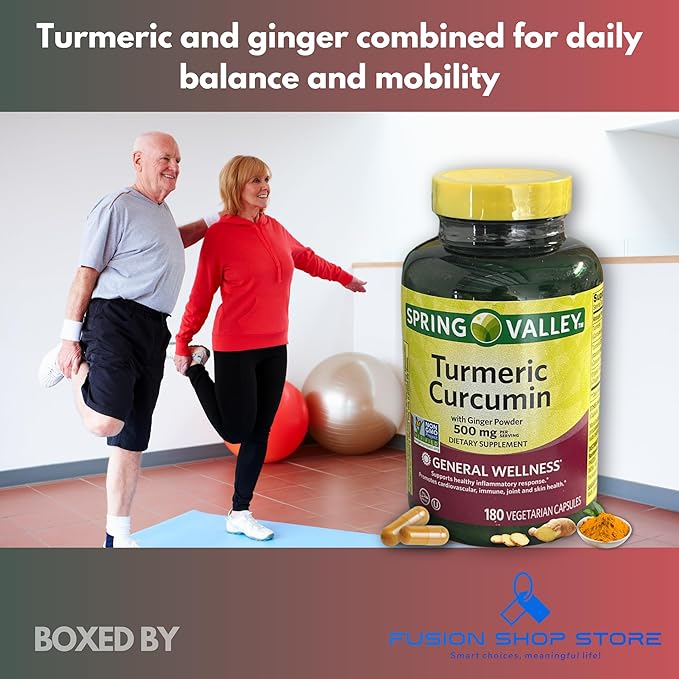 Turmeric Curcumin 500mg with Ginger Powder- Vegetarian Capsules 180ct (Pack of 1) Boxed by Fusion Shop Store
