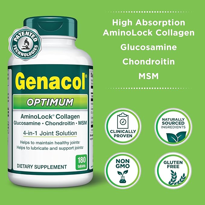 Genacol Optimum – Glucosamine Chondroitin MSM &amp Ultra-Hydrolyzed Collagen Joint Support Tablets 180 Count (60-Day Supply)
