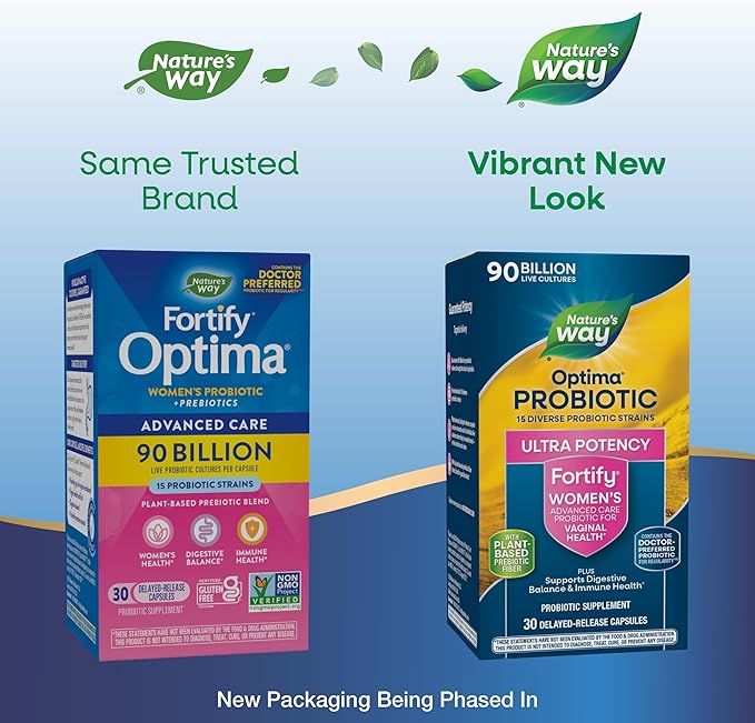Nature's Way Fortify Optima Probiotic for Women Ultra Potency Probiotic for Vaginal Health* 90 Billion Live Cultures Supports Digestive Balance and Immune Health* 30 Capsules (Packaging May Vary)