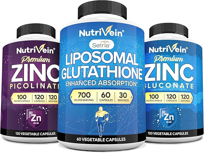 Nutrivein Premium Zinc Picolinate Zinc Gluconate &amp Liposomal Glutathione Supplement Bundle: Glutathione Liposomal Supplement &amp Zinc Supplements for Men &amp Women - Immunity Digestion Det