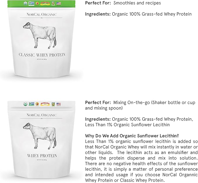 NorCal Organic Whey Protein | 100% Grass-Fed USDA Certified | Pure Clean Protein Sourced from Northern California Family Farms | Unflavored | 2 Pound (Pack of 1)