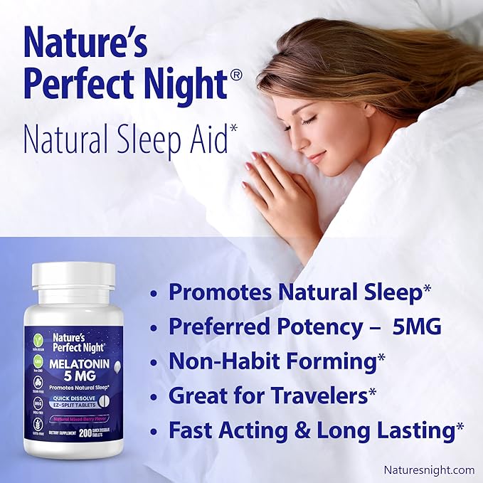 Nature's Perfect Night Melatonin 5mg Quick Dissolve Mixed Berry 200 Count with Serenity Magnesium Powder 15 oz Lemon Raspberry