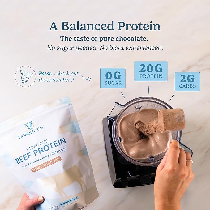 WONDERCOW Beef Protein Isolate Powder w/Bovine Colostrum Supplement | Clean 100% Grass Fed Carnivore Keto Friendly | Gluten Free | 20g of Protein 30 Servings Chocolate