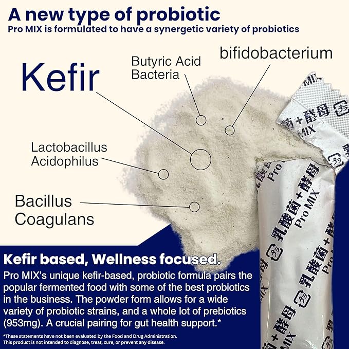 Pro Mix Kefir Probiotic Supplement with 12 Strains + Prebiotics for Gut &amp Immune Health | Travel-Friendly Powder Packs (30ct).