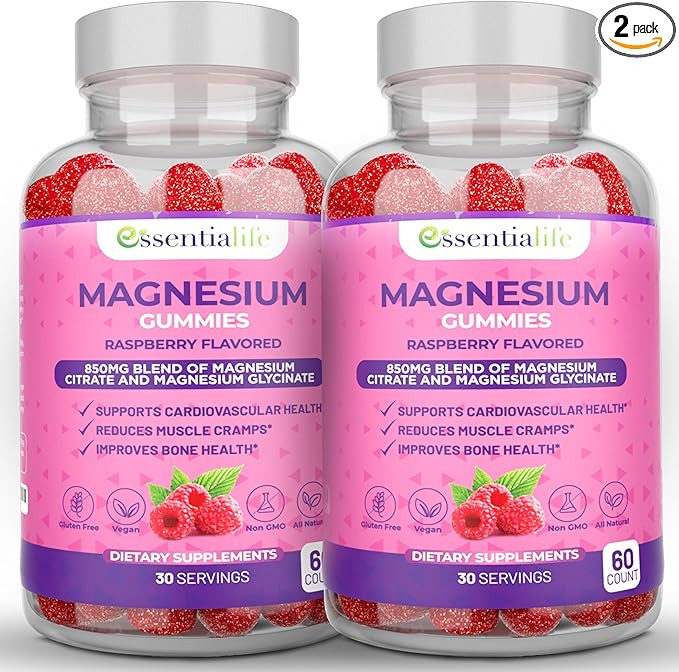 Magnesium Gummies 2 Packs Essentialife 100mg Per Serving - Blend of Magnesium Citrate &amp Magnesium Glycinate - Supports Healthy Digestion - Stay Calm &amp Energetic with Magnesium Supplements for