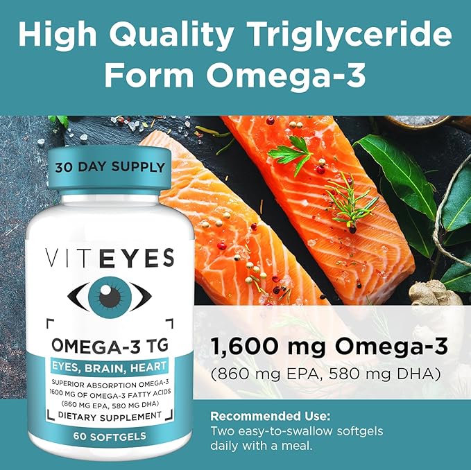 Viteyes Omega-3 TG Supports Eye &amp Heart Health Natural Triglyceride Fish Oil Formula Clear 60 Count