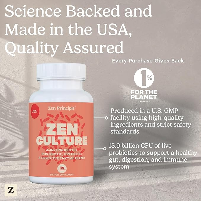 Zen Principle Zenculture™ – 4-in-1 Synbiotic Supplement (Probiotic + Prebiotic + Postbiotic + Digestive Enzymes) with CoreBiome®. Anti Bloating Immune &amp Brain-Gut Health. 120 Capsules