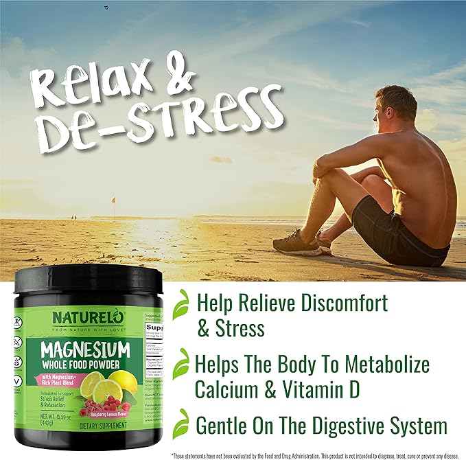 NATURELO Magnesium Powder - Whole Food Calm Magnesium Powder with Quinoa Cauliflower &amp Flaxseed for Stress Relief Raspberry Lemon 85 Servings 15oz (Pack of 2)