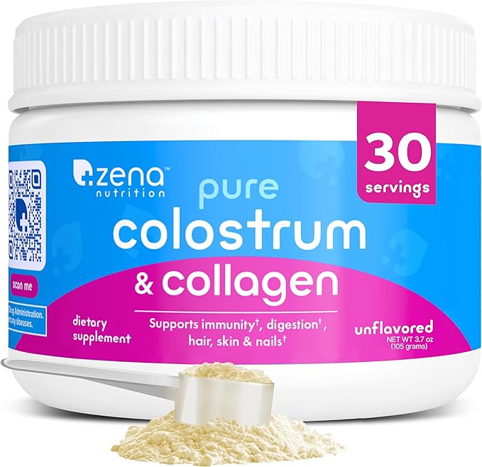 Zena Nutrition Pure Bovine Colostrum &amp Collagen Powder Supplement for Gut Health Immune Support Digestion Hair Skin &amp Nails Unflavored Gluten &amp Sugar Free 30 Servings