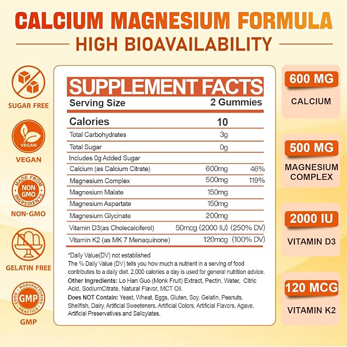 Calcium Magnesium Supplement Gummies for Adults: Calcium Citrate 600 mg with Vitamin D3 &amp K2 for Women Men - Supports B0ne Strength Better Zzz Muscles Energy &amp Immune (120 Count)