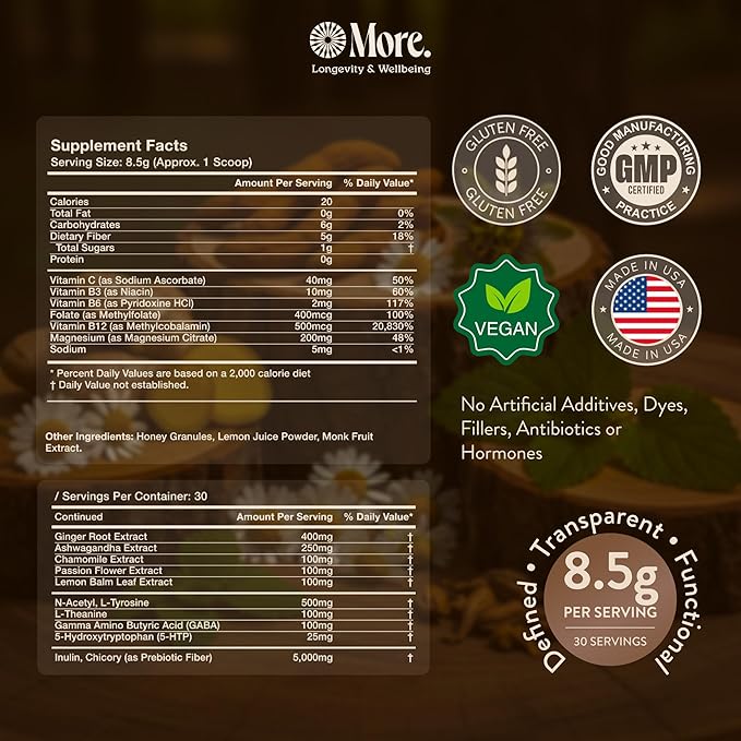 More. Longevity &amp Wellbeing Ashwagandha Supplements Extract – Premium Calming Drink Mix with GABA Supplements for Relaxation Mood Balance Energy &amp Focus – Ashwagandha for Women and Men - Ada