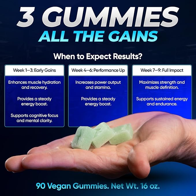 Creatine Monohydrate Gummies for Women &amp Men- 5g Creapure Creatine per Serving - Vegan Blue Raspberry Flavor - Boost Muscle Strength Endurance Recovery &amp Mental Focus (90 Gummies)