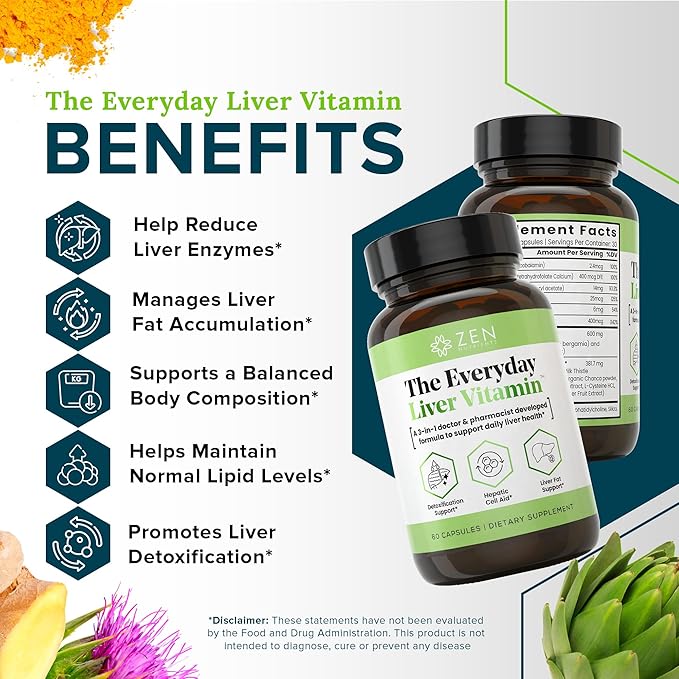 Zen Nutrients The Everyday Liver Vitamin - Liver Cleanse Detox &amp Repair with Bergacyn FF Organic Milk Thistle Dandelion Root &amp Artichoke Extract for Liver Health - Fatty Liver Support Supple
