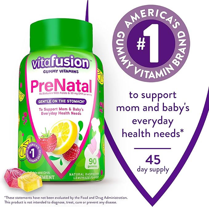 Vitafusion PreNatal Gummy Vitamins Raspberry Lemonade Flavored Pregnancy Vitamins for Women &amp Extra Strength Vitamin B12 Gummy Vitamins for Energy Metabolism Support