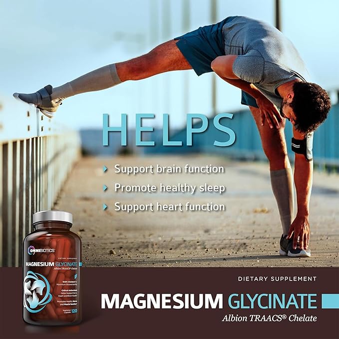 OmniBiotics Magnesium Glycinate Supplement – with 100% Pure Albion TRAACS Bisglycinate Chelate for Sleep Muscle Nerve &amp Heart Health – 120 Vegan Capsules
