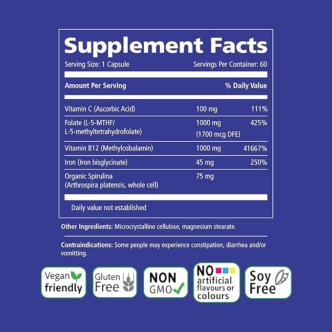 VITALITY Power Iron + Spirulina | 45mg Iron | Blood Builder | Iron Deficiency Support | Vegan | All Natural Supplement | Gentle on Stomach | Capsules… (60 Count (Pack of 1))