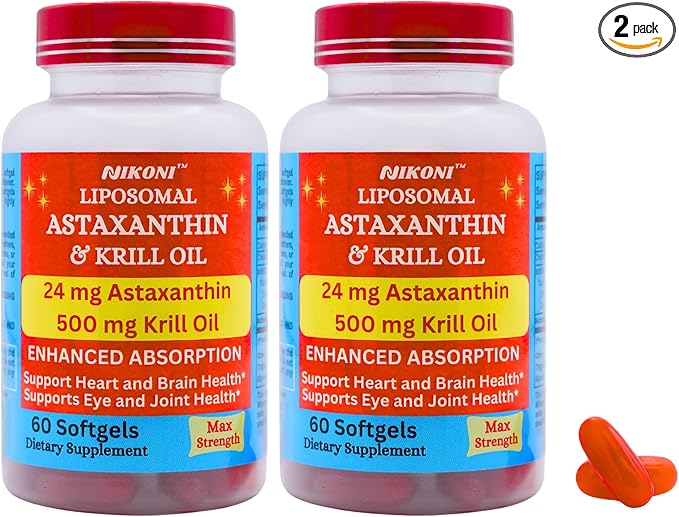 Nikoni Liposomal Astaxanthin 24mg with Kril Oil 500mg Supplement 120 softgels