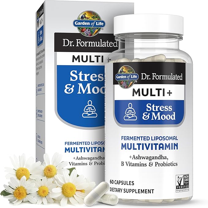 Garden of Life Dr. Formulated Multi+ Stress &amp Mood Fermented Liposomal Multivitamin + Ashwagandha B Vitamins &amp Probiotics - 60 Capsules Whole Food Vitamin &amp Mineral Supplement