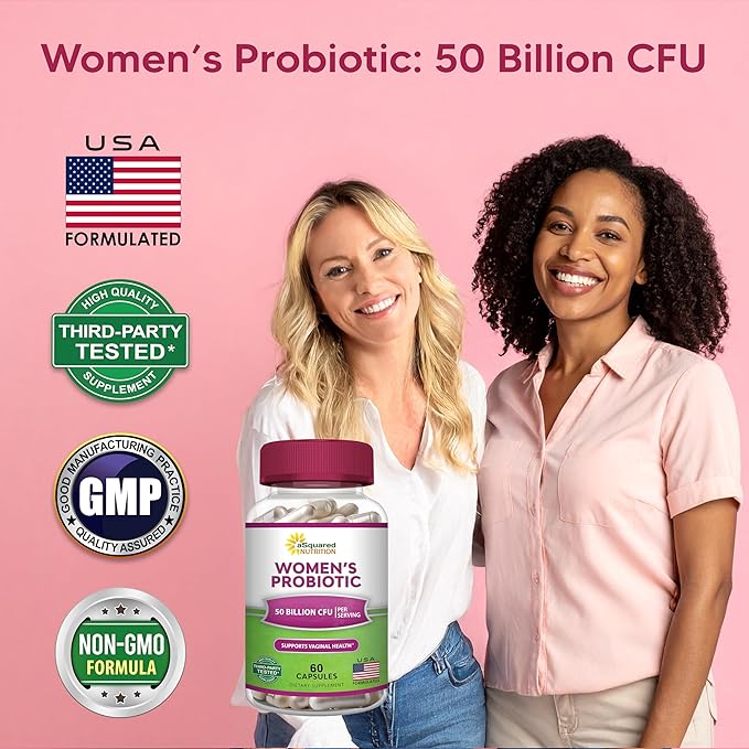 aSquared Nutrition Probiotics for Women - 50 Billion CFU Women's Probiotic Supports Digestive Gut Vaginal &amp Urinary Tract Health - Prebiotics for Females - 60 Capsules - Alt to Gummies