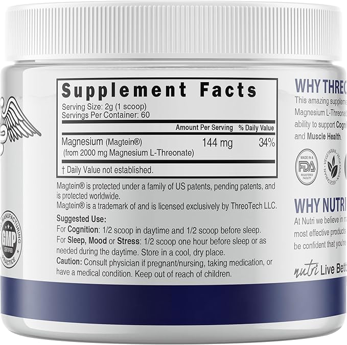 Nature's Fusions Magnesium Powder - 60 Servings - 2000mg Per Serving - Tasteless High Absorption Magnesium Supplement for Brain Health Sleep &amp Cognitive Function - Magnesium Powder 4 oz 120g