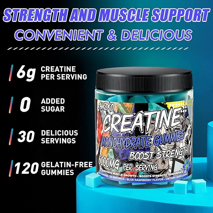 Creatine Monohydrate Gummies 6g for Men WomenComplex Creatine Monohydrate Chewable for Muscle StrengthMuscle BuildingEnergy BoostPre-Workout Energy SupplementVegan Blue Raspberry - 120 Count