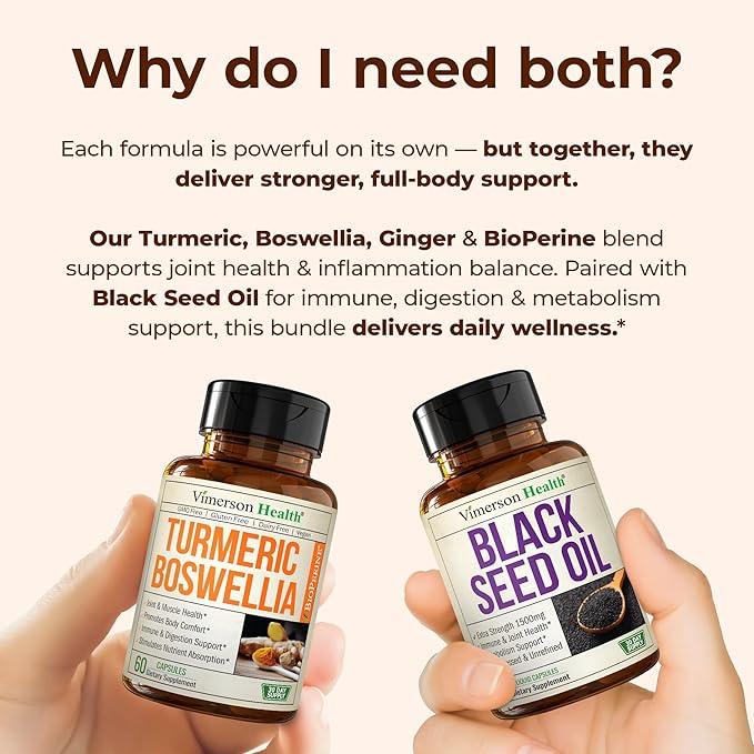 Boswellia Turmeric Curcumin Supplement + Black Seed Oil Bundle – Joint Health Immune Support Antioxidants Digestion – with Ginger Root Organic Turmeric Powder Cold Pressed Black Seed Oil Capsules