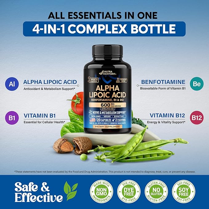 Alpha Lipoic Acid 600mg - ALA Supplement Antioxidant for Nerve Energy &amp Metabolism Support - Extra Strength with Benfotiamine B1 &amp B12 - Lab Tested NON-GMO &amp Vegan - 120 Capsules 2 Mon
