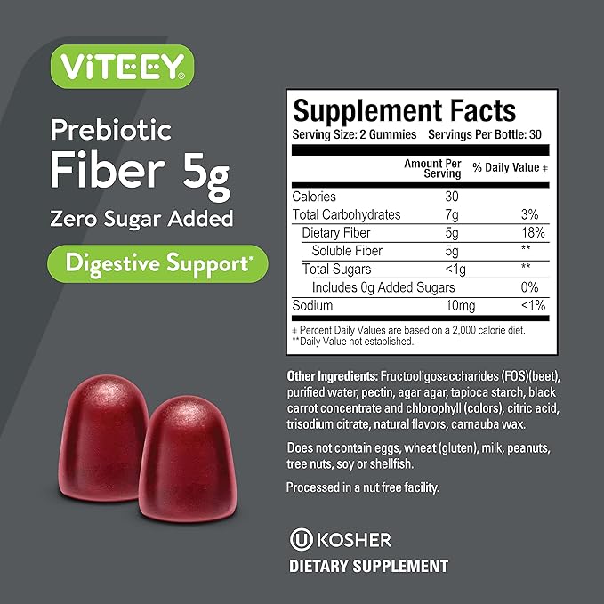 Viteey Prebiotic Fiber Gummies for Adults 5g - Gut Health &amp Digestive Soluble Fiber Supplement Gummies - Zero Sugar Added Vegan Gluten-Free - 120 Count