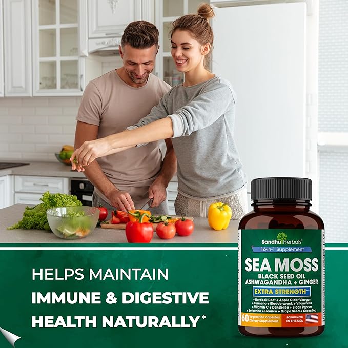 Sandhu Herbals Seamoss &amp Turmeric Curcumin with Bioperine Capsules | Supports Immune Digestive Cognitive Skin &amp Hair Health