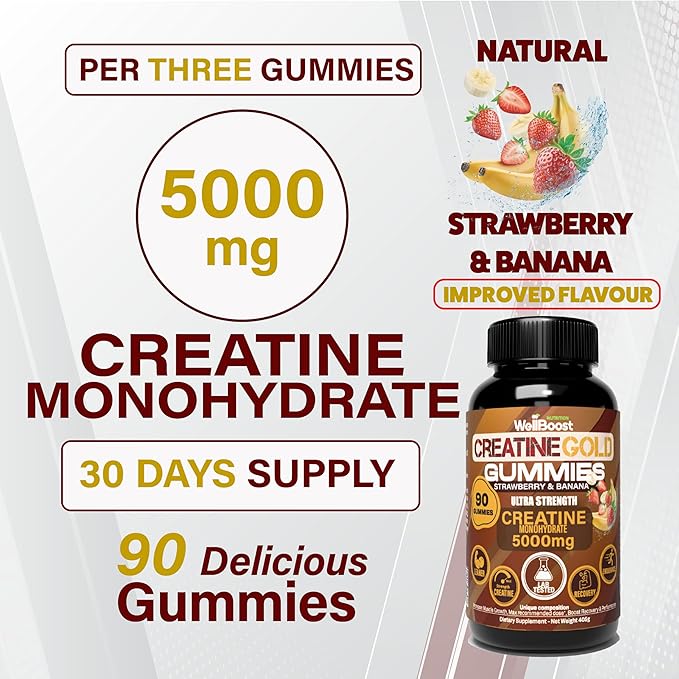 Creatine Gold – 5000mg Creatine Monohydrate Vegan Sugar-Free Gummies for Lean Muscle Growth Endurance Recovery &amp Energy (1 Month Supply) in Starwberry and Banana Flavour.