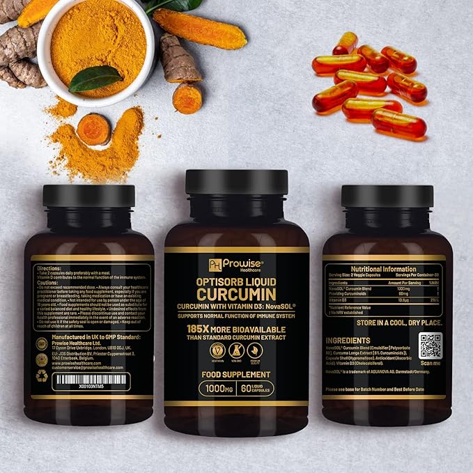 Optisorb Liquid Curcumin with Vitamin D - 60 Liqcaps | 185x Turmeric &amp Curcumin Bioavailability - Ultra Bioavailable | Liquid Capsules with 1000mg NovaSOL Daily Dosage - UK Manufactured