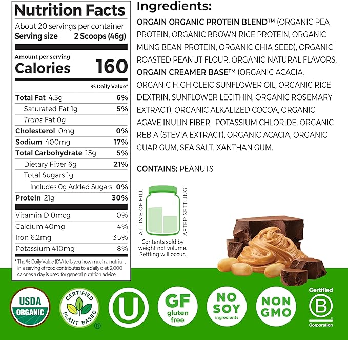 Orgain Organic Vegan Protein Powder Chocolate Peanut Butter - 21g Plant Protein 6g Prebiotic Fiber Low Net Carb No Lactose Ingredients No Added Sugar Non-GMO For Shakes &amp Smoothies 2.03 lb