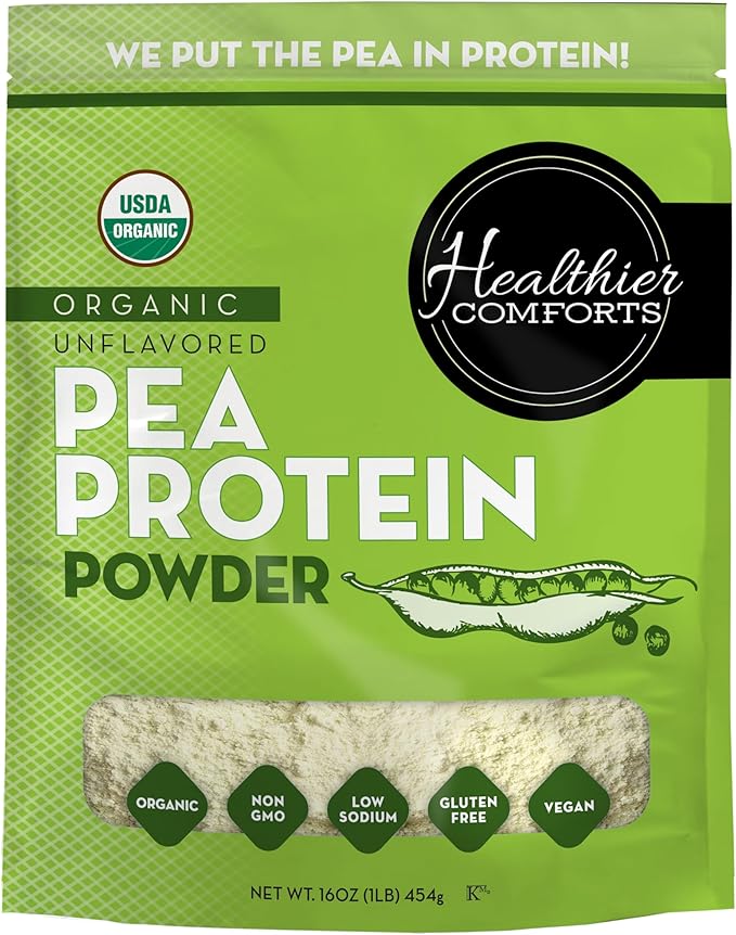 Healthier Comforts Organic Unflavored Pea Protein Powder - Low Sodium (1 lb.) | USA Grown and Processed | 100% Plant Based Protein | Kosher Gluten Free Non-GMO Keto Friendly (16oz)
