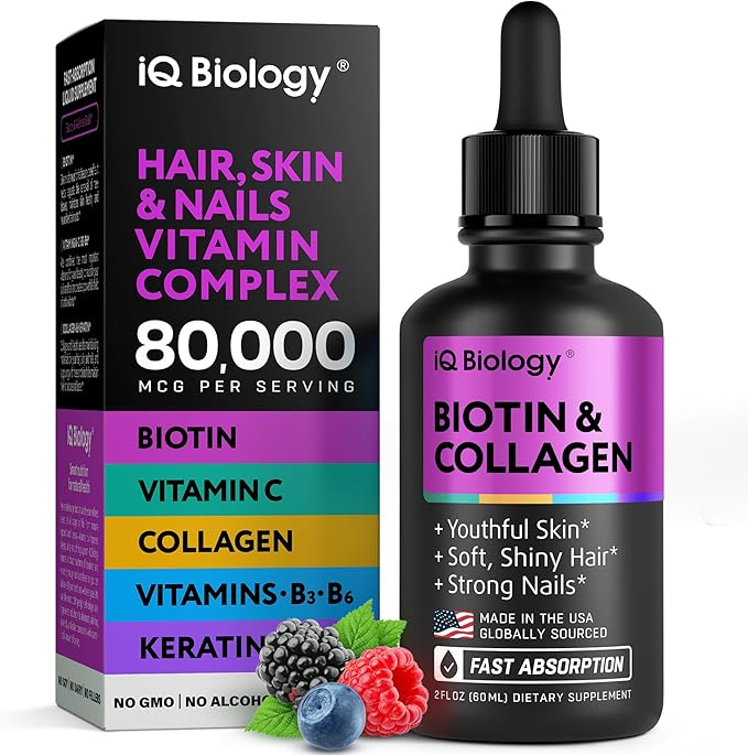 Liquid Biotin for Hair Growth Skin &amp Nails - 80000 mcg Hair Vitamins Drops - Extra Strength Biotin 5000mcg Collagen Keratin with Hyaluronic Acid - Multivitamin Supplement for Women &amp Men -