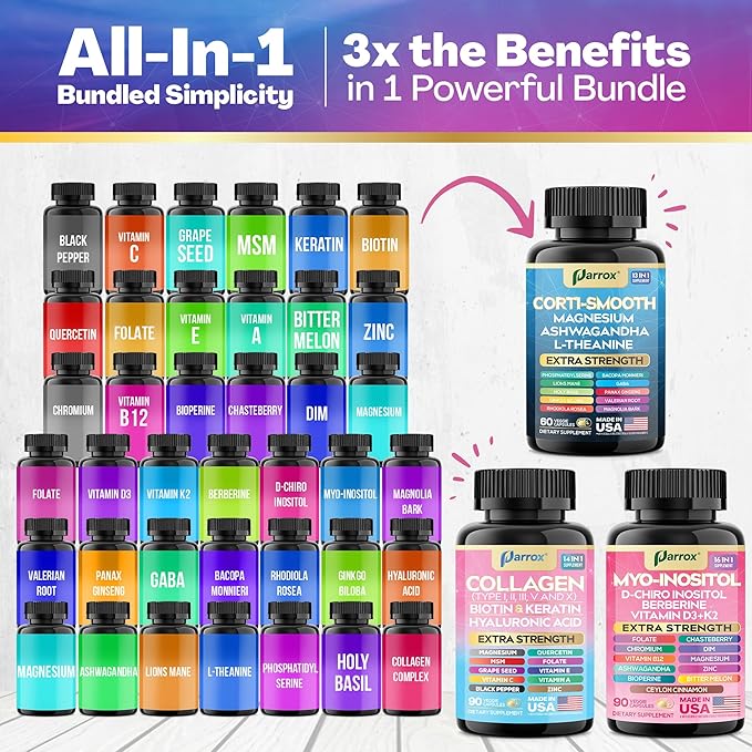 She Shines Set – Collagen Cortisol &amp Myo-Inositol Bundle – Collagen Peptides I II III V X + Biotin Hyaluronic Acid – Hormone Balance Calm Energy &amp Glowing Skin
