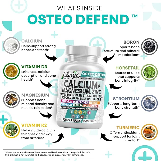 Allin1 Calcium Magnesium Zinc Supplement with Potassium Copper Strontium Silica Vitamin D3 K2 Boron Vitamin B1 B12 Red Clover Herb Alfalfa Basil Pills for Men &amp Women Clean Nutra Osteo Defen