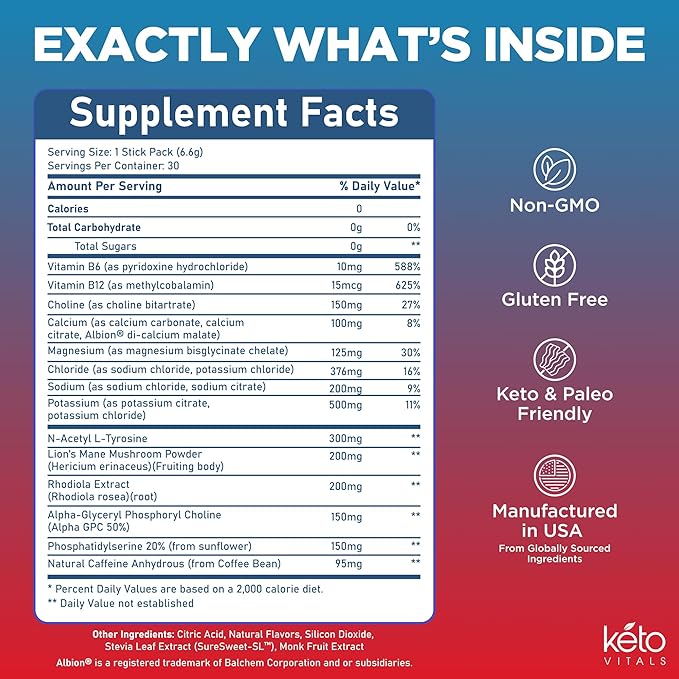 Keto Vitals Super Focus Drink Mix with Electrolytes &amp Caffeine Powder Packets - Nootropic Brain Support Supplement for Energy and Focus - Includes Lions Mane L Tyrosine &amp Rhodiola - 30 Servin
