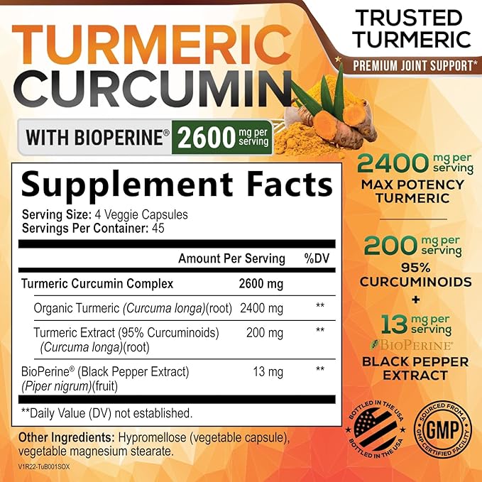 Turmeric Curcumin Supplement - 2400mg Organic Turmeric Per Serving - 95% Curcuminoids &amp BioPerine Black Pepper Extract for Best Absorption - Natural Vegan Joint Support Bottled in USA - 180 Capsu