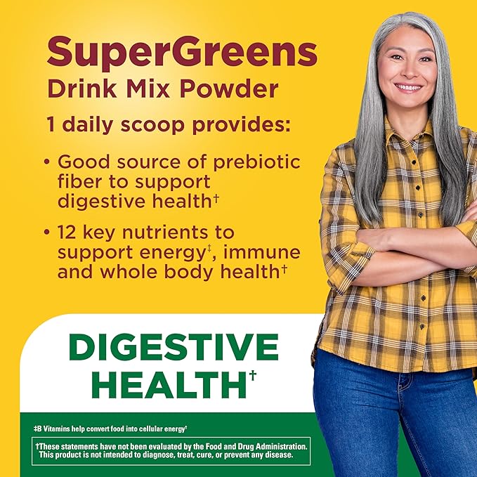 Nature Made Super Greens Powder with Prebiotic Fiber Drink Mix Made with 1 Cup Veggies Per Serving Fiber Supplement + Vitamins and Minerals 25 Day Supply