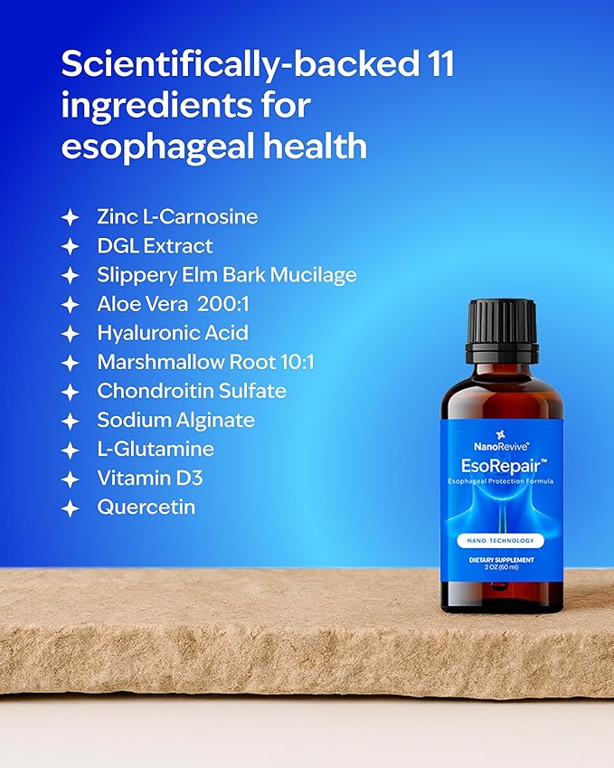 EsoRepair Nano Esophageal &amp Stomach Health Supplements for Men &amp Women - Digestive Comfort - Slippery Elm Bark Zinc L-Carnosine &amp Aloe Vera Extract - Non-GMO &amp Dairy Free